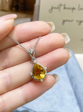 天然无烧黄水晶水滴吊坠纯银项链