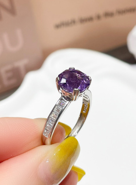 天然原矿无烧紫水晶925纯银戒指