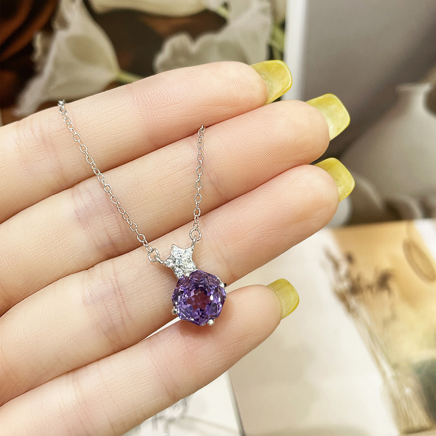 原矿天然紫水晶星星吊坠女S925纯银镶嵌玫瑰切宝石项链百搭锁骨链