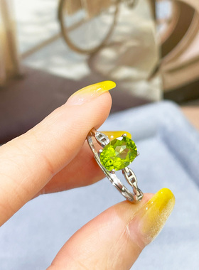 天然橄榄石绿水晶戒指女S925纯银