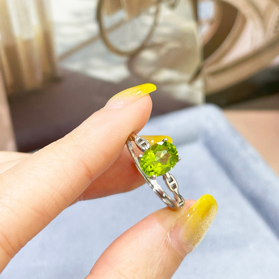 天然橄榄石绿水晶戒指女S925纯银