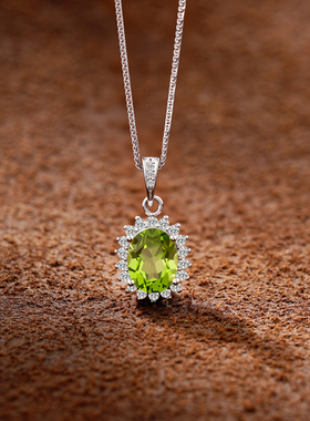 S925纯银绿色天然橄榄石吊坠项链