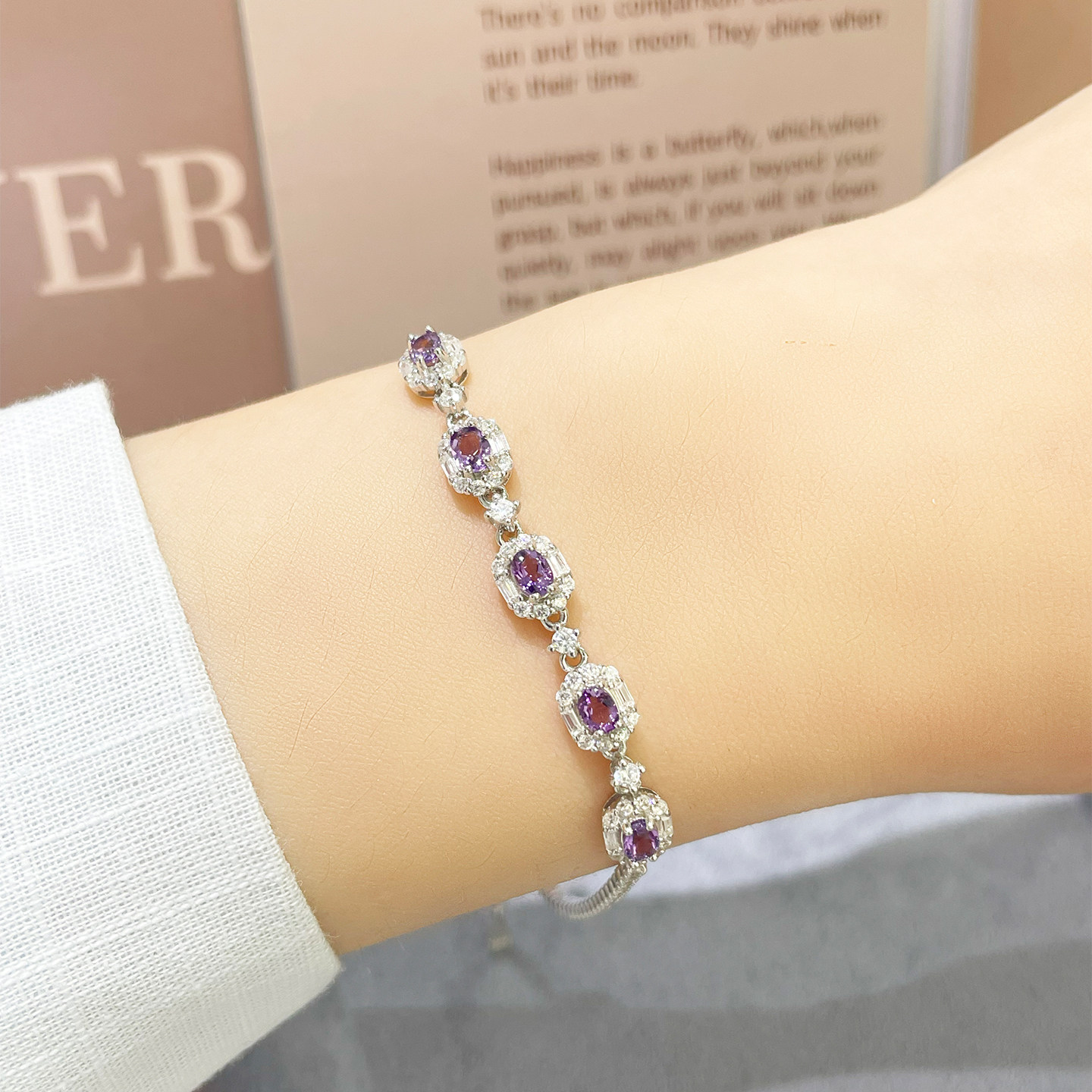 黛晶珊天然紫水晶手链女S925纯银镶嵌5颗宝石手饰小众设计高级感