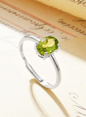 椭圆形天然橄榄石戒指女S925纯银