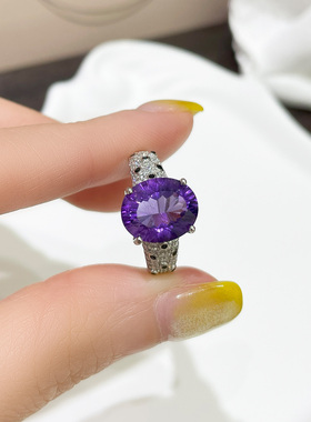 天然紫水晶宽版925纯银戒指女