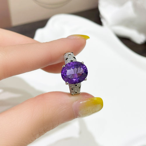 天然紫水晶宽版925纯银戒指女