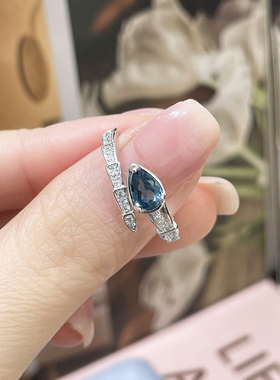 天然托帕石伦敦蓝灵蛇戒指S925银