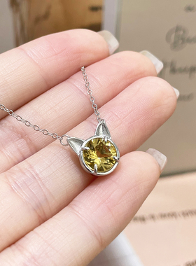 天然黄水晶猫咪吊坠女S925银项链