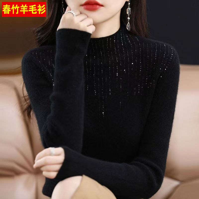 春竹秋冬新款半高领羊毛衫女款加厚针织毛衣打底衫修身显瘦羊绒衫