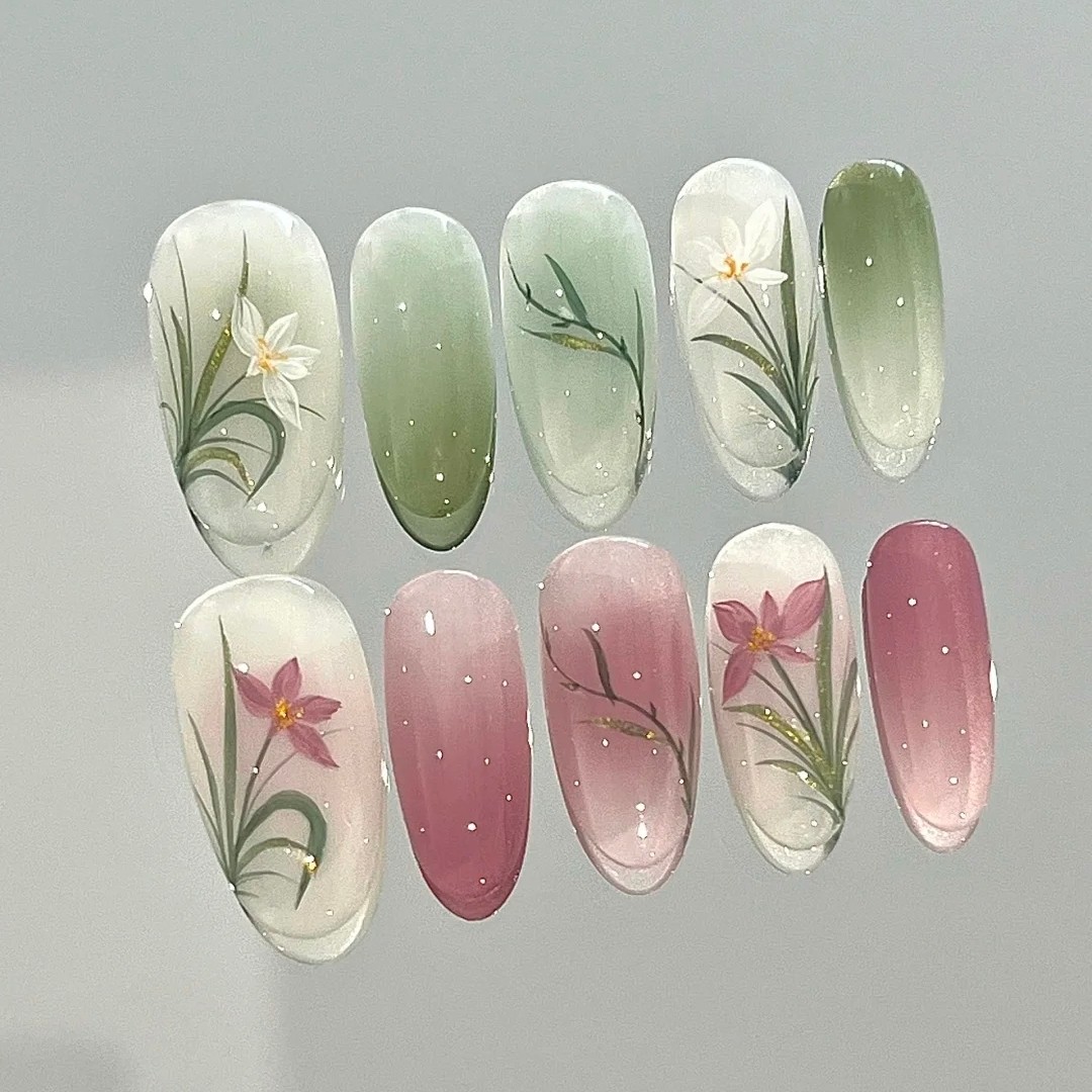 粉绿仙风穿戴甲新中式国风兰花