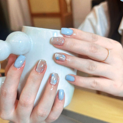 清新蓝波点猫眼穿戴甲