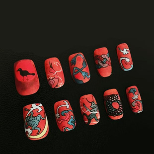 红色朱纹玄龙磨砂穿戴甲小众设计炫酷古国风新年战甲短款美甲贴片