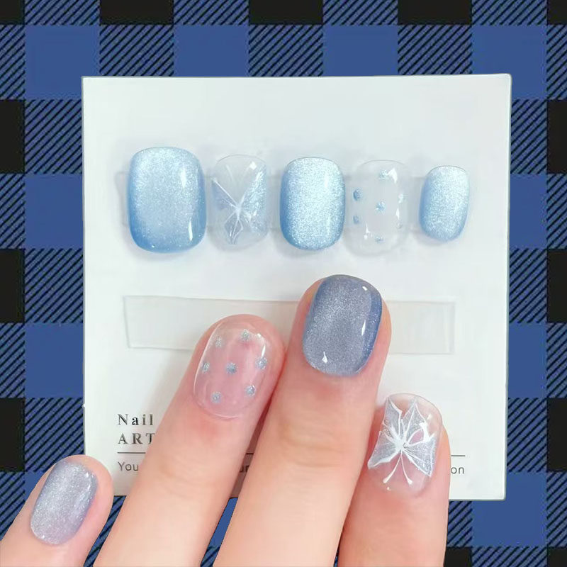 蓝色梦幻蝴蝶猫眼穿戴甲显白高级感清新可爱日常豆豆短款指甲贴片,彩妆/香水/美妆工具,穿戴甲/甲片,淘宝优惠券,粉丝福利购,淘宝优惠卷