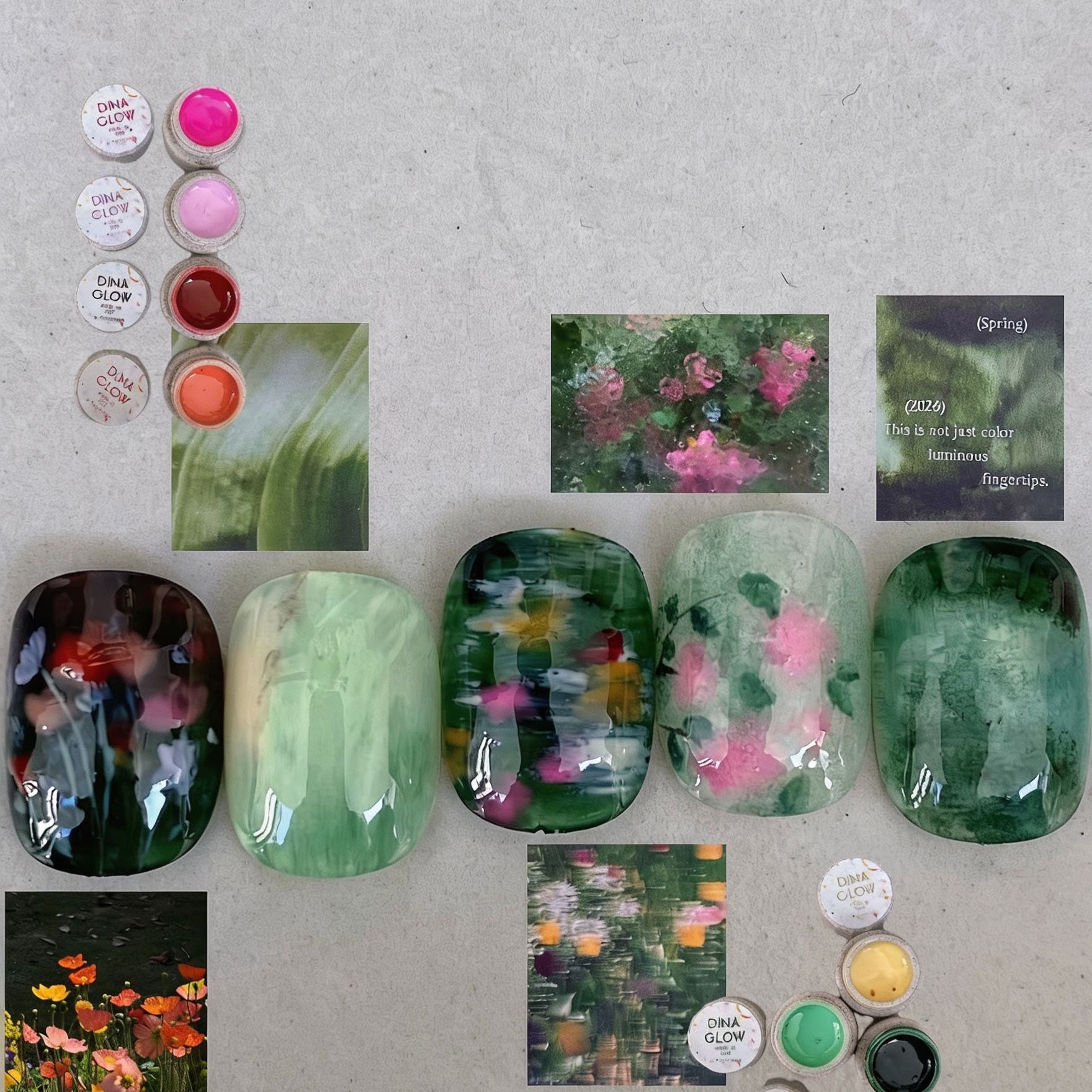 水墨绿花穿戴甲森系晕染