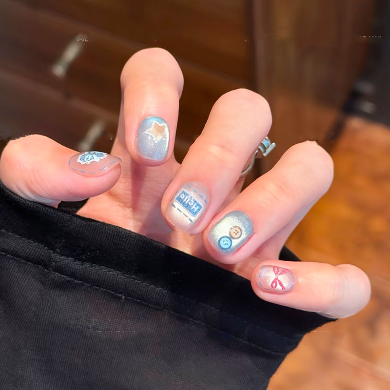 蓝色爱心牛仔猫眼穿戴甲