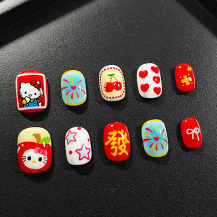 发财喵喵穿戴甲高级感可爱卡通节日喜庆新春过年短款豆豆美甲贴片