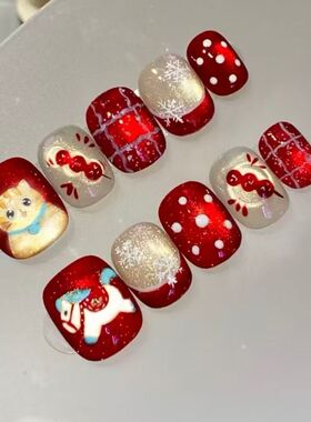 雪靡红色猫眼穿戴甲高级感显白金财猫马新春过年短款节日美甲贴片