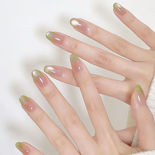 粉绿渐变猫眼穿戴甲清透