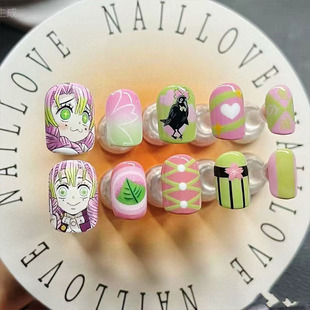 甘露寺蜜璃穿戴甲鬼灭之刃动漫展少女学生个性新短款豆豆美甲贴片