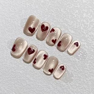 爱心猫眼穿戴甲追光玻璃珠温柔气质学生新款高级感韩系短方甲美甲