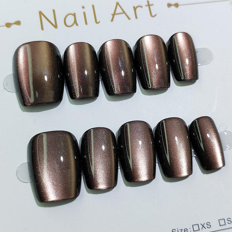 冰透猫眼手工穿戴甲闪光咖啡色