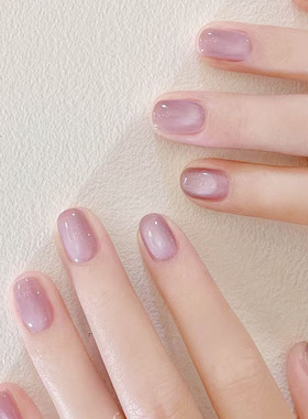 淡紫色玻璃珠猫眼穿戴甲高级显白清新紫春夏百搭新款简约短方美甲