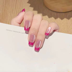 玫红法式猫眼穿戴甲夏季超亮碎钻新款简约日常显白火龙果美甲贴片