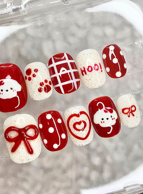 红色小狗波点蝴蝶结穿戴甲可爱甜美新年节日喜庆显白豆豆美甲贴片