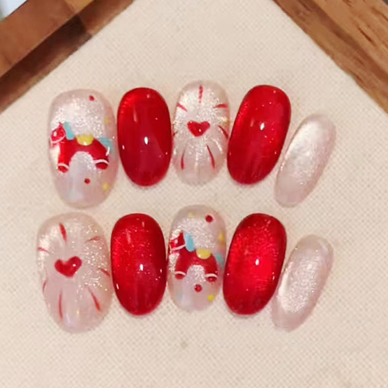 红焰彩马猫眼穿戴甲高级感显白新春过年中短椭圆爆款节日美甲贴片,彩妆/香水/美妆工具,穿戴甲/甲片,淘宝优惠券,粉丝福利购,淘宝优惠卷