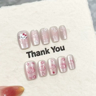 可爱粉色卡通KT猫眼穿戴甲拆卸学生少女显白日常新短款美指甲贴片
