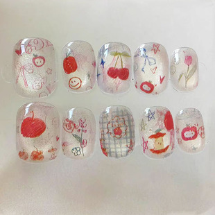手绘涂鸦苹果樱桃猫眼穿戴甲日常百搭可爱童趣新短款 豆豆美甲贴片