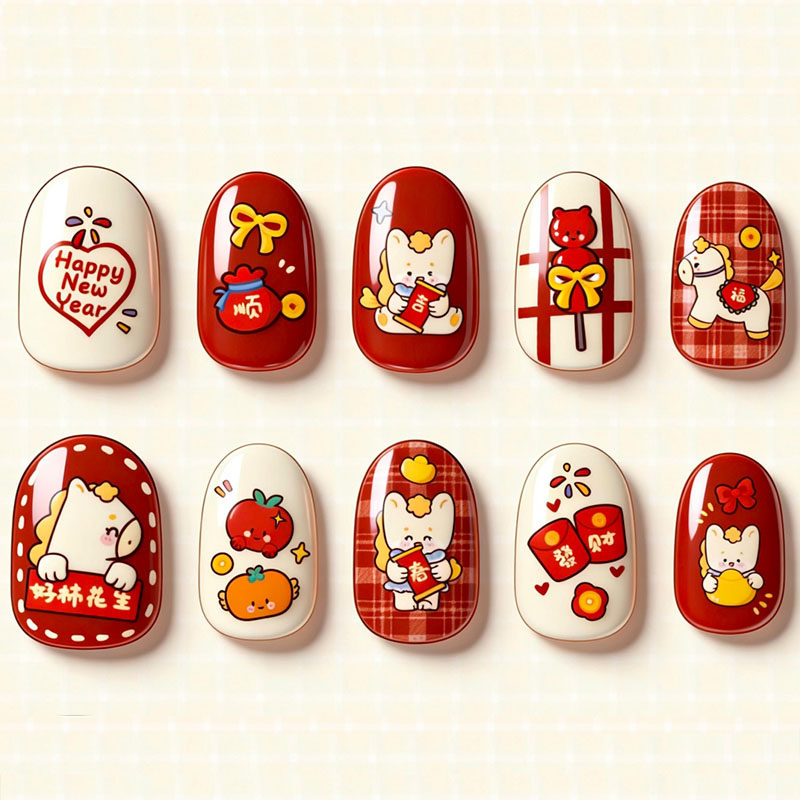 好柿发生穿戴甲红色显白可爱卡通高级感新春过年短椭圆款美甲贴片,彩妆/香水/美妆工具,穿戴甲/甲片,淘宝优惠券,粉丝福利购,淘宝优惠卷