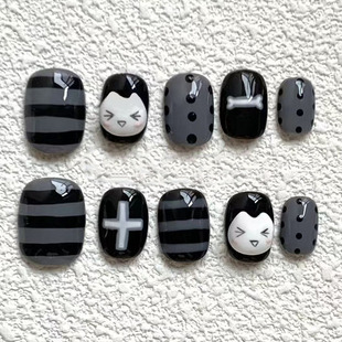 黑白条纹小喵猫穿戴甲可爱卡通简约日常波点新短款 豆豆美指甲贴片