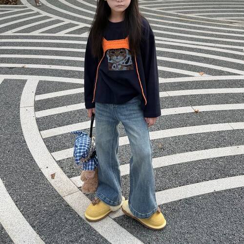 儿童直筒高腰美式浅色软牛仔裤