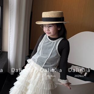 2026春款韩系真两件网纱打底衫女童洋气弹力背心宝宝上衣
