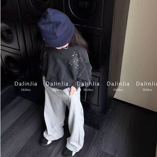 背后翅膀做旧儿童灰高街复古入园神裤 男女宝宽松卫裤 新款 2026春季