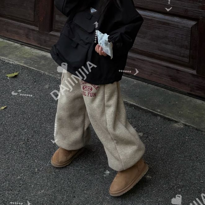 25冬季杏色韩系印花冬季加绒加厚男女童束脚入园保暖卫裤