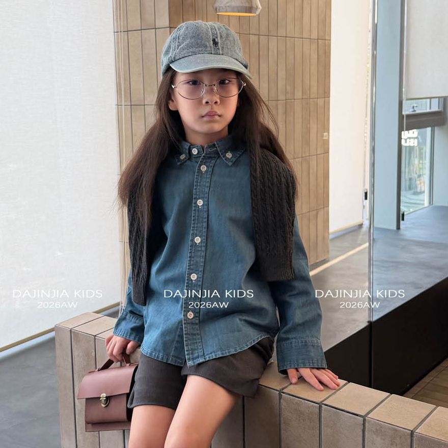 26秋季新款水洗蓝翻边polo领衬衣牛仔外套女儿童百搭韩系牛仔衬衣