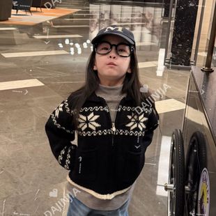 25冬季新款费尔岛风拉条开衫针织外套男女儿童宝雪花图案宽松外套