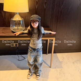 拼接毛边宽松直筒裤 26春季 新款 高定软牛仔裤 男女儿童复古做旧潮款