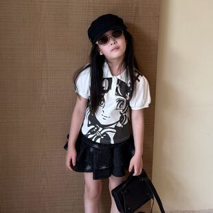 26夏季大金家女童美式复古漫画少女印花翻领修身甜酷百搭短袖上衣