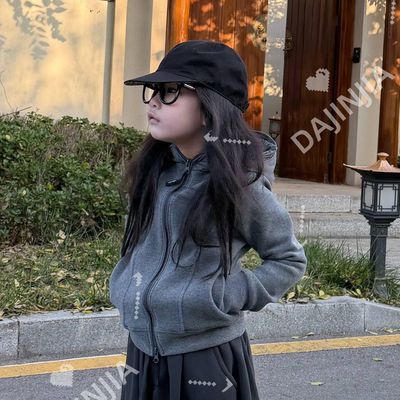 25冬季L同款一体绒修身百搭连帽拉链卫衣开衫外套幼儿园灰色上衣