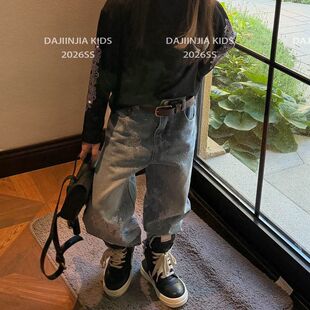26秋季大金家男女宝轻奢个性甩墨重工水洗蓝潮酷百搭直筒牛仔长裤