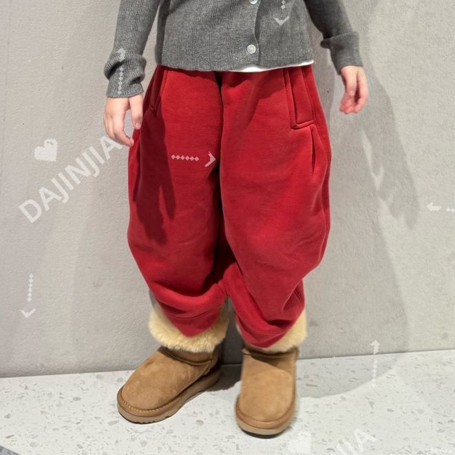 25秋冬新款加绒加厚保暖多巴胺红色卫裤男女宝休闲棉感束脚卫裤