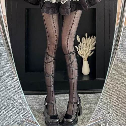 夏季薄款小腿绑带黑丝甜酷辣妹纯欲风连裤袜lolita奶白色丝袜