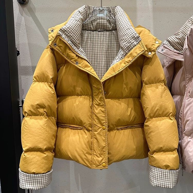 撞色格子羽绒服女短款2025冬季新款韩系高级感小个子宽松加厚外套