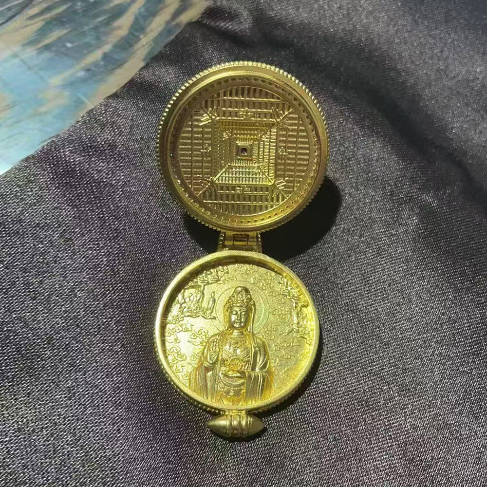 足金999纯金古法黄金观音菩萨吊坠点钻镶嵌可打开嘎乌盒南海观音