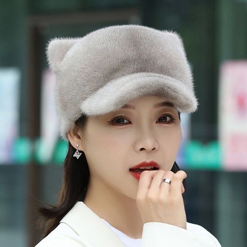 防毛貂皮帽子女冬天貂毛水貂带尾巴帽猫耳朵貂绒皮草鸭舌帽仿貂帽