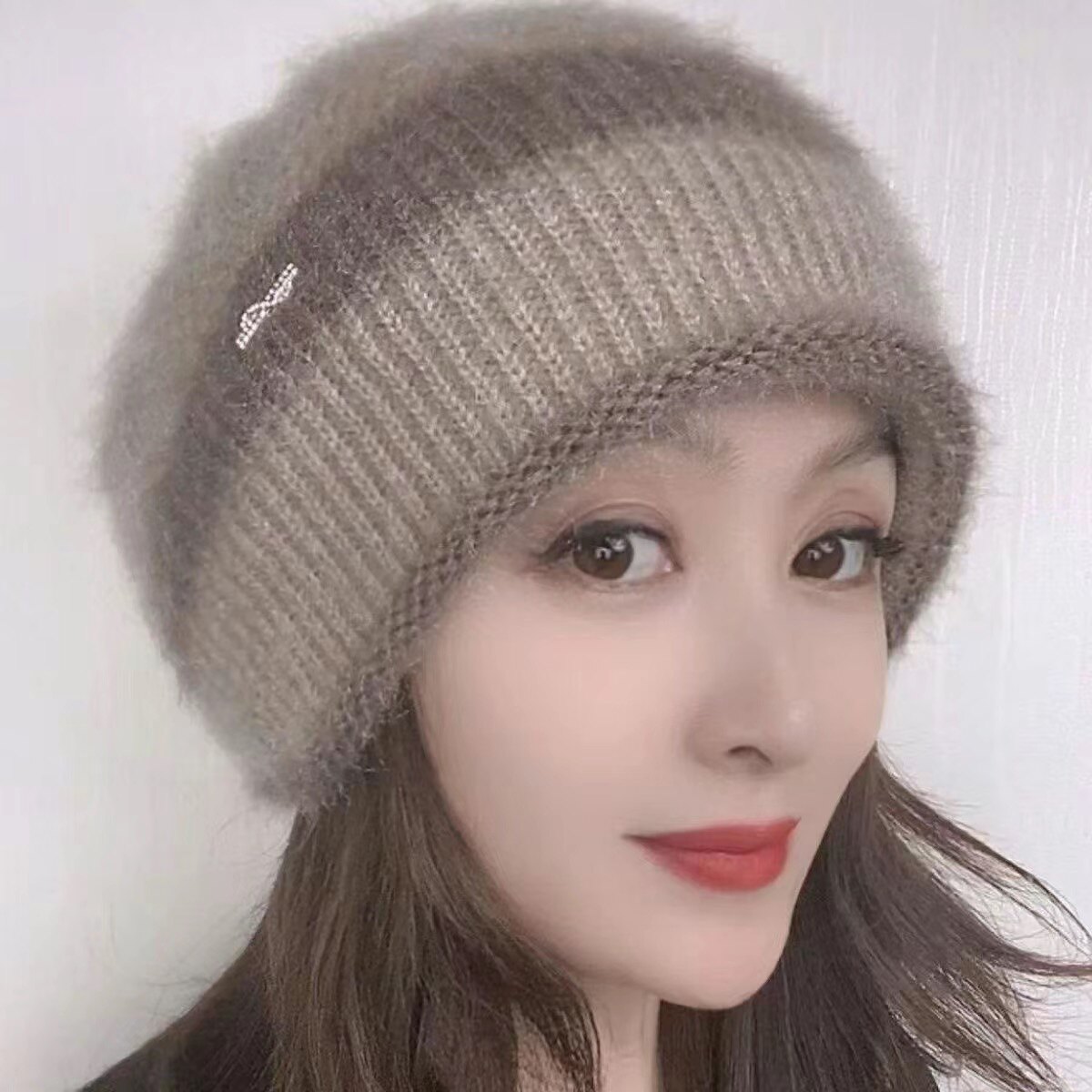 松鼠绒双层针织时尚百搭冬季堆堆帽女士编织韩版保暖帽秋冬帽子女