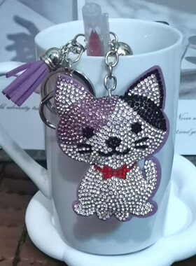 韩国绒流苏镶钻猫咪钥匙扣 水钻卡通挂件 包包汽车创意配饰